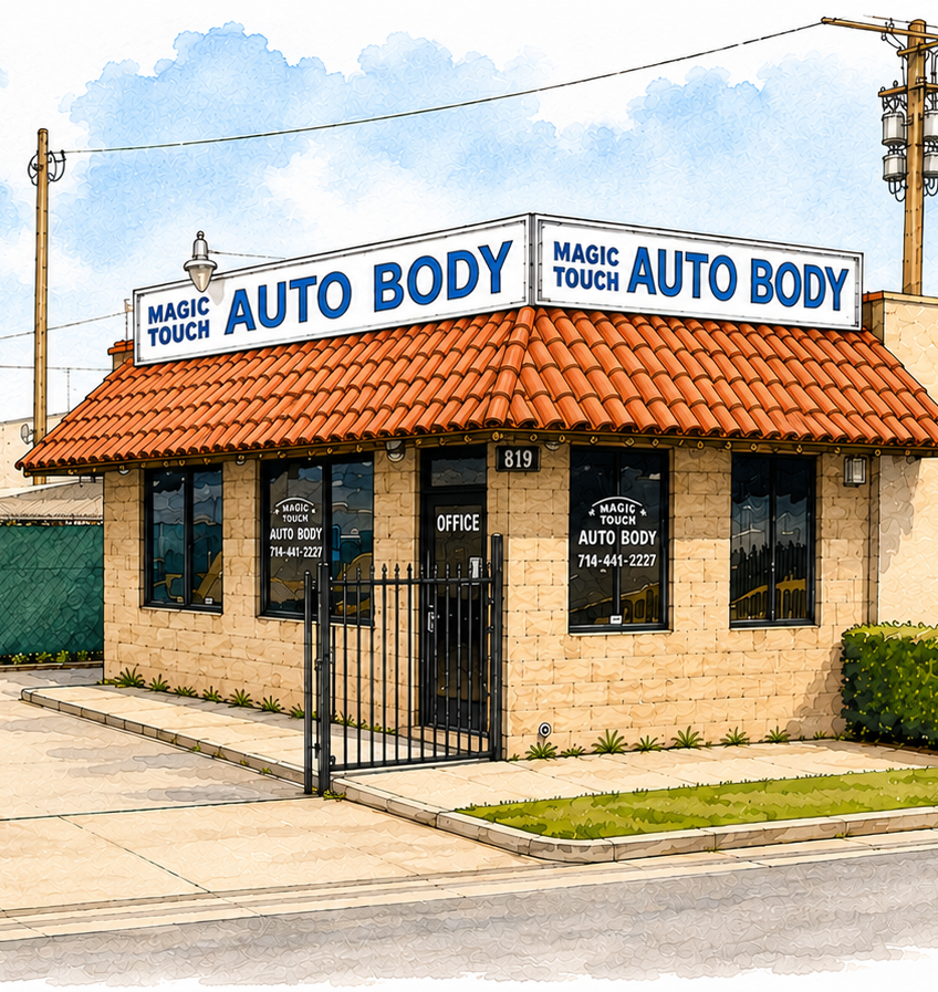 Watercolor of Magic Touch Paint & Body — a small stucco building with a terracotta tile roof and a blue and white AUTO BODY sign — on Williamson Avenue in Fullerton, California.